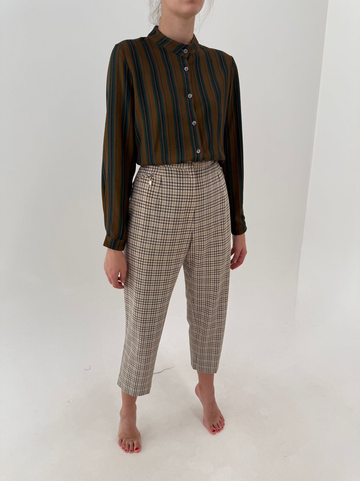 Pantaloni camel în carouri din lanita extrafina cu talie ultra înaltă