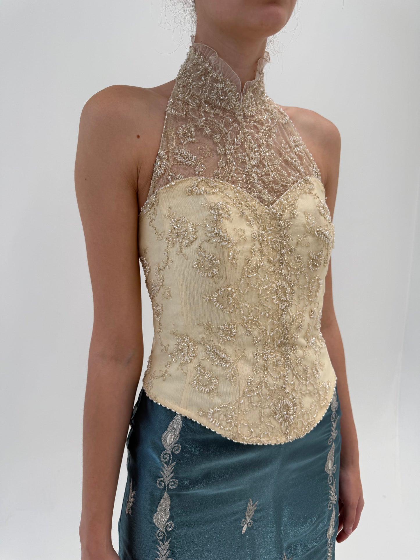 Corset couture din mătase naturală cu aplicații manauale excepționale nude