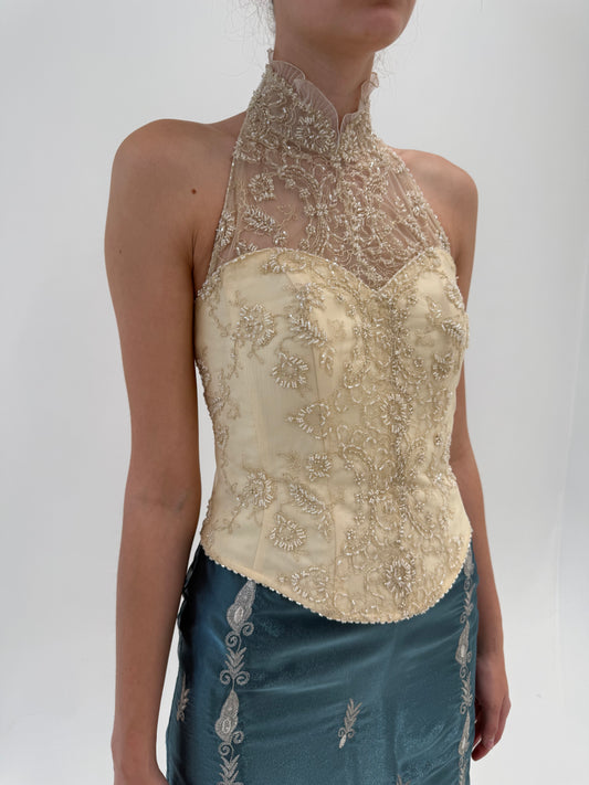 Corset couture din mătase naturală cu aplicații manauale excepționale nude