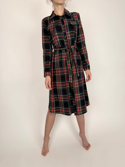 Rochie din Tartan din din mix de lana cu talie reglabilă marcată