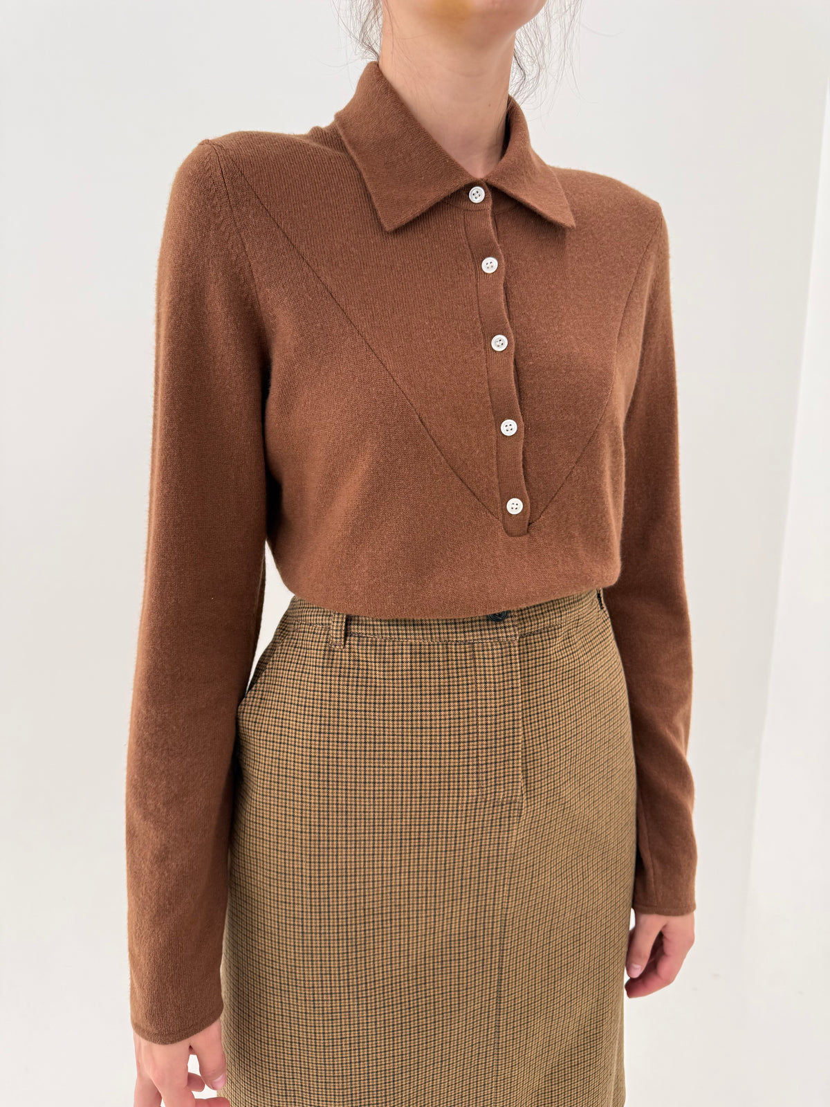 Pulover polo din cașmir caramel brown