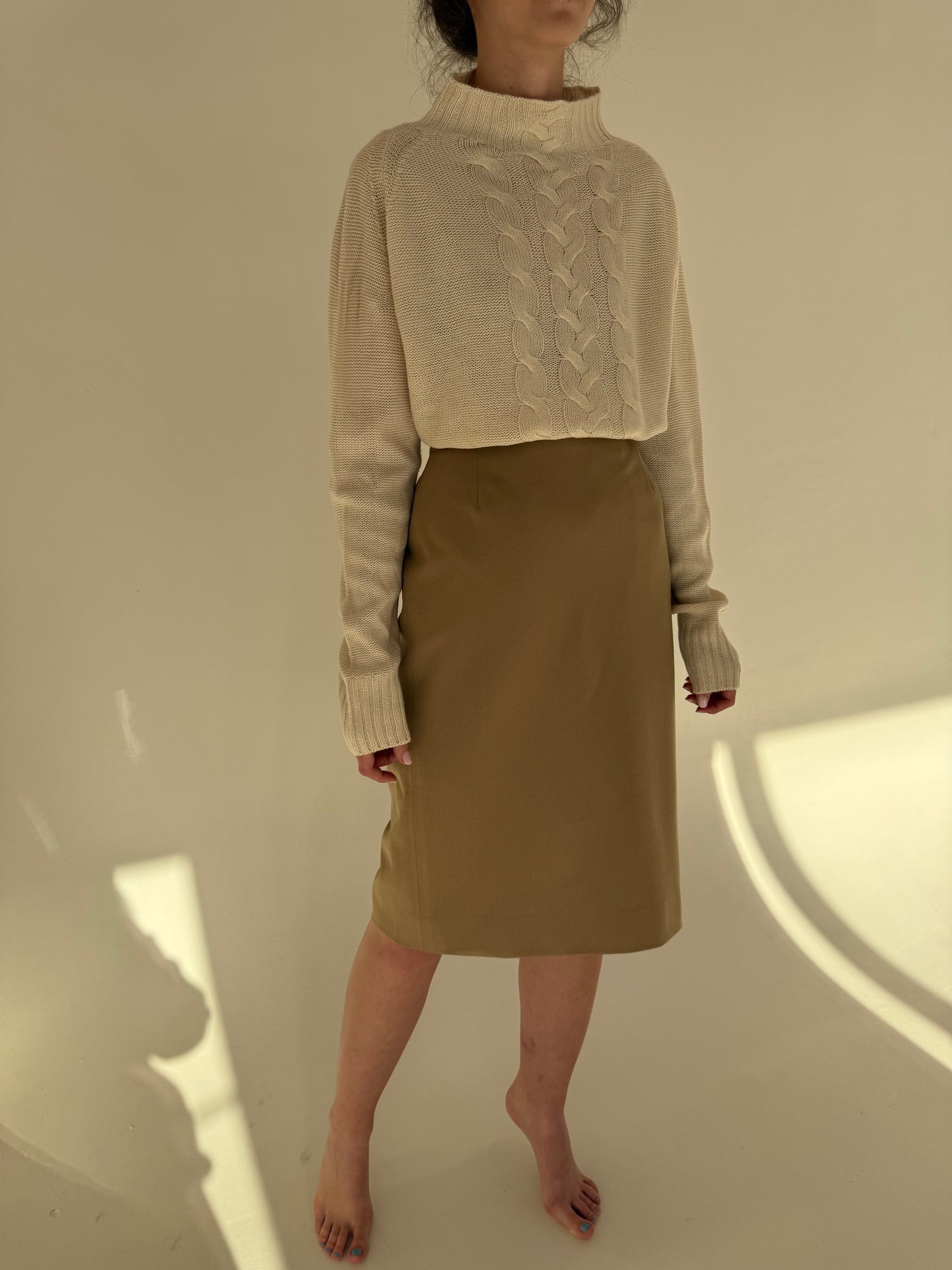 Fustă high end camel din stofă de lana extrafina ușor structurată strech