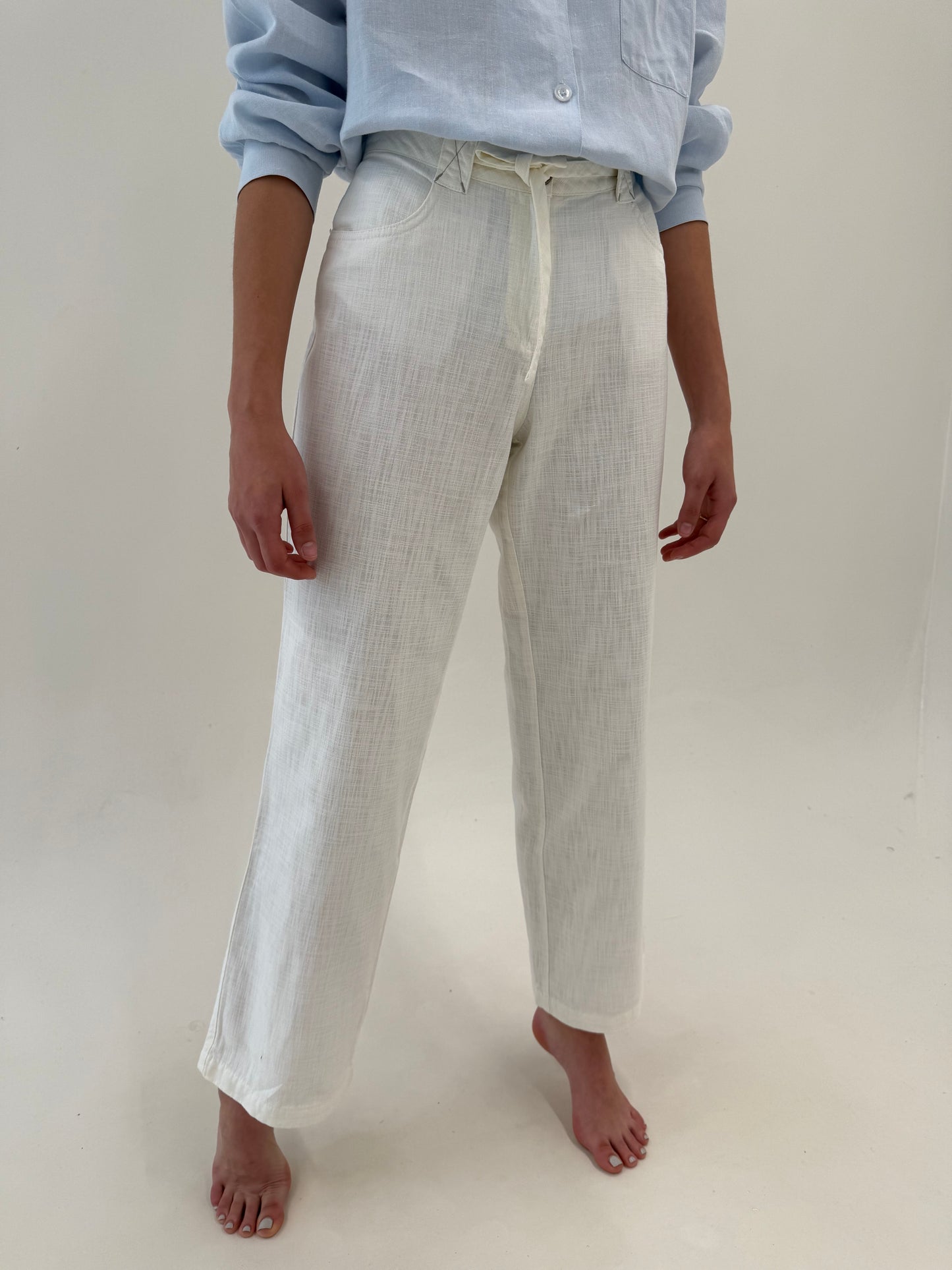 Pantaloni off white din pânză de in și bumbac