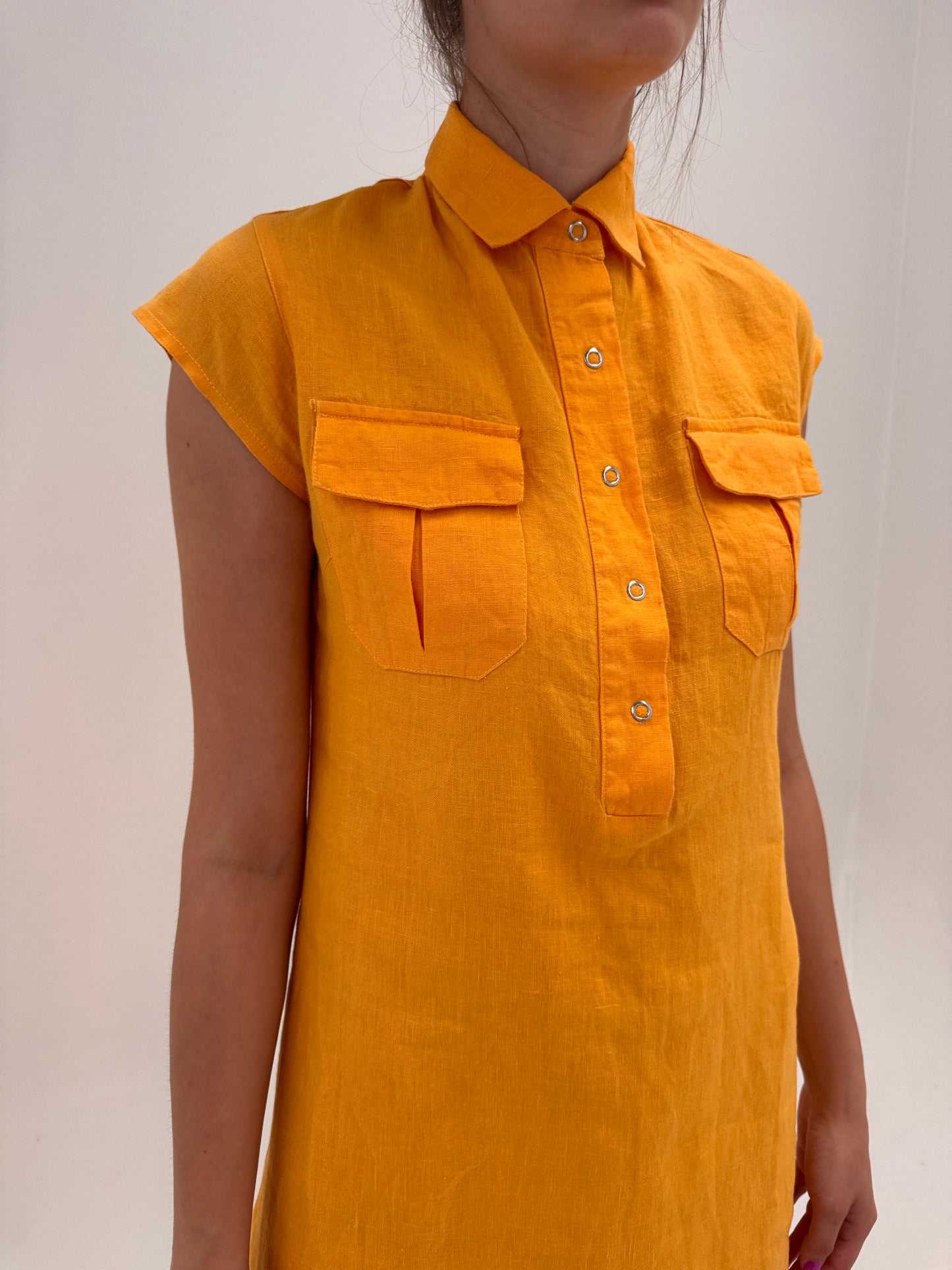 Rochie oranj in stil Safari din pânză premium de in în croi lejer