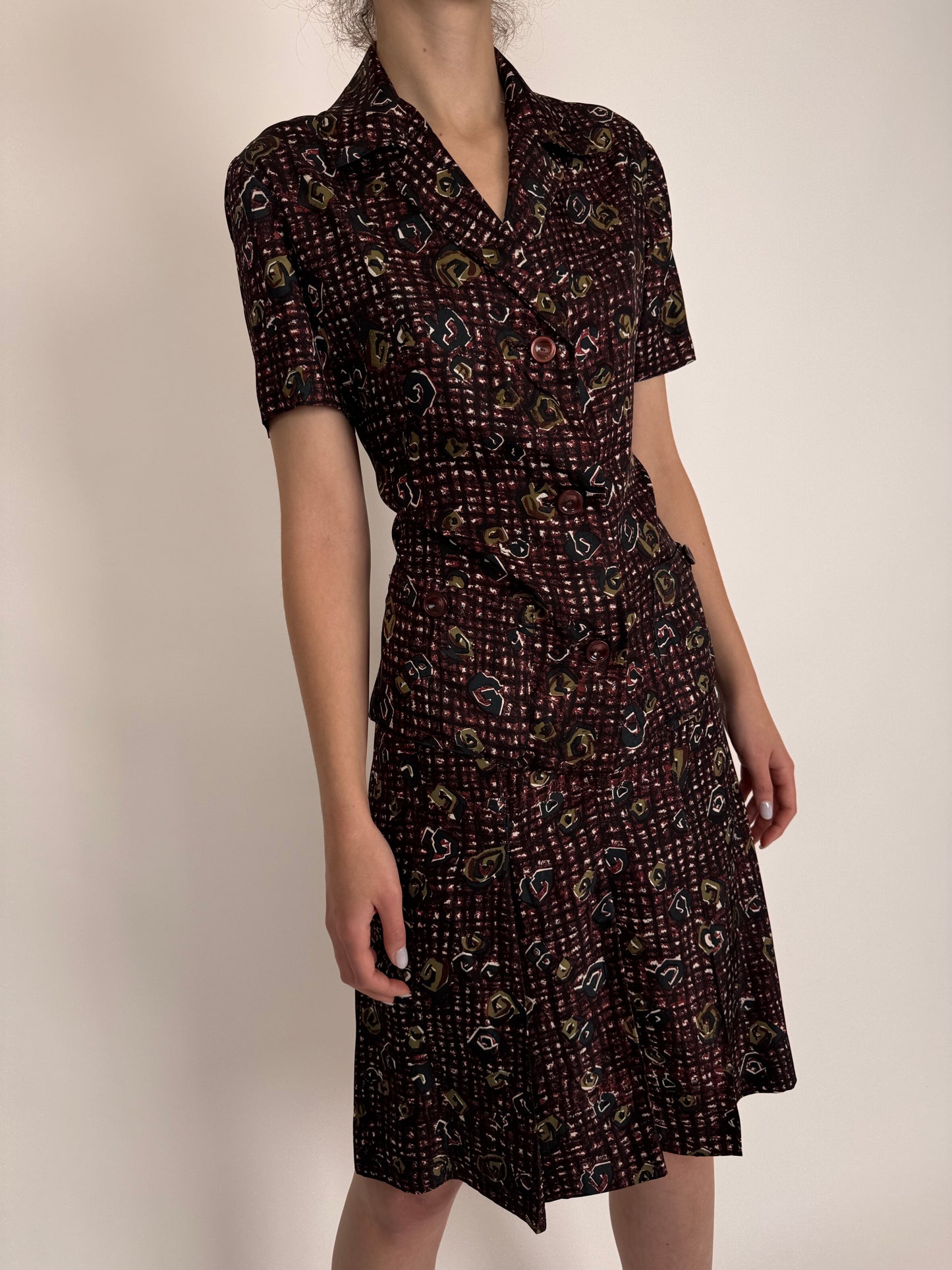 Set vintage ușor satinat cu print burgundy