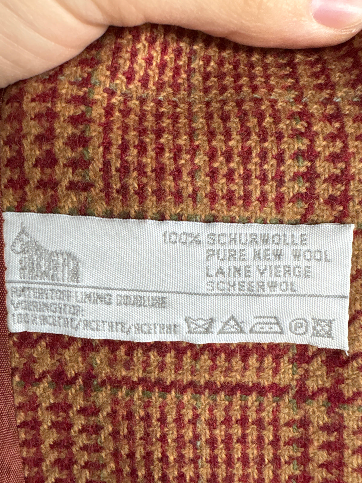 Sacou camel din tweed pied de coq burgundy din lana virgină în croi clasic