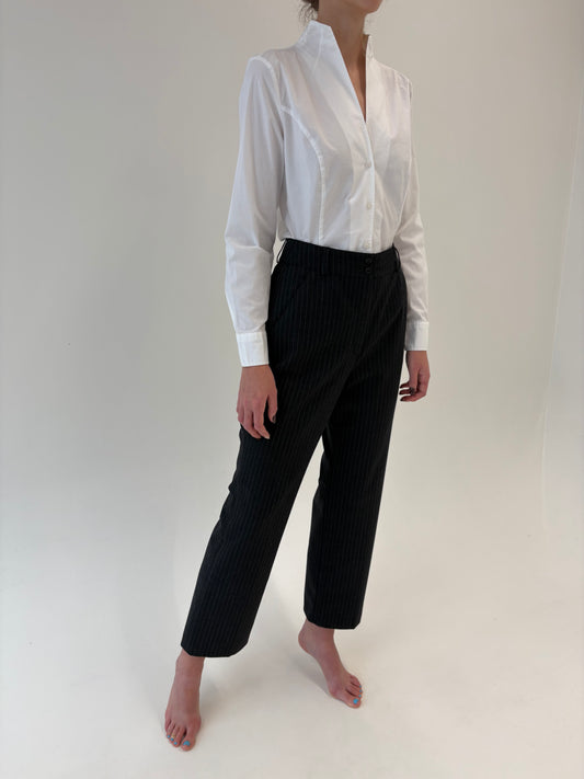 Pantaloni cu dungi fine ivoire din lana extrafina și talie ultra înaltă