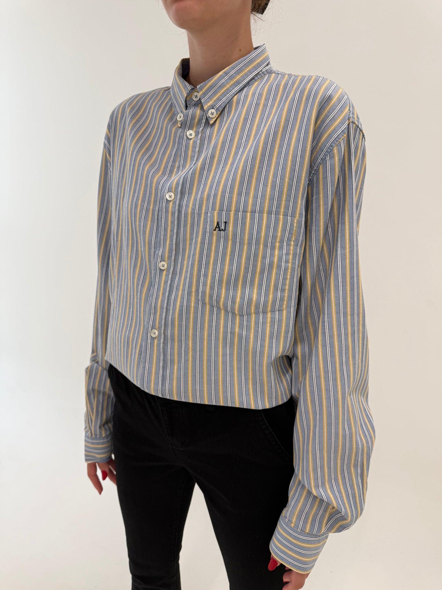 Cămașa Armani tall plus size baby blue cu dungi verticale camel din bumbac texturat