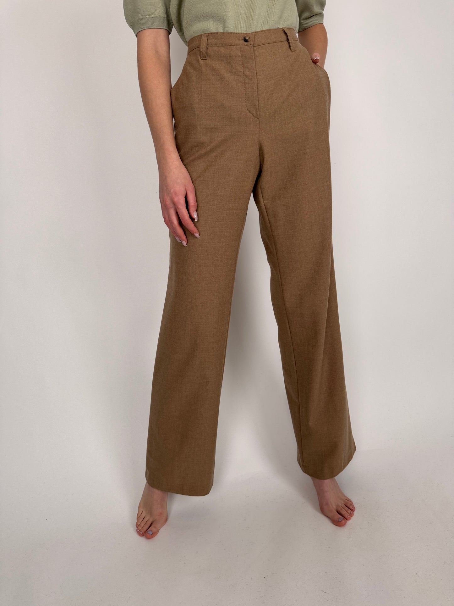 Pantaloni camel tall din stofă de lana extrem de fină plină ușor strech