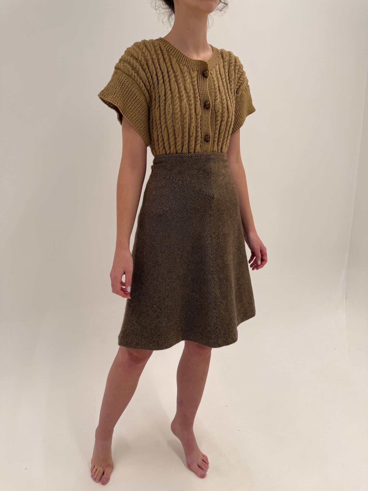 Fustă vintage camel din tweed gros de lana cu inserții chocolate brown