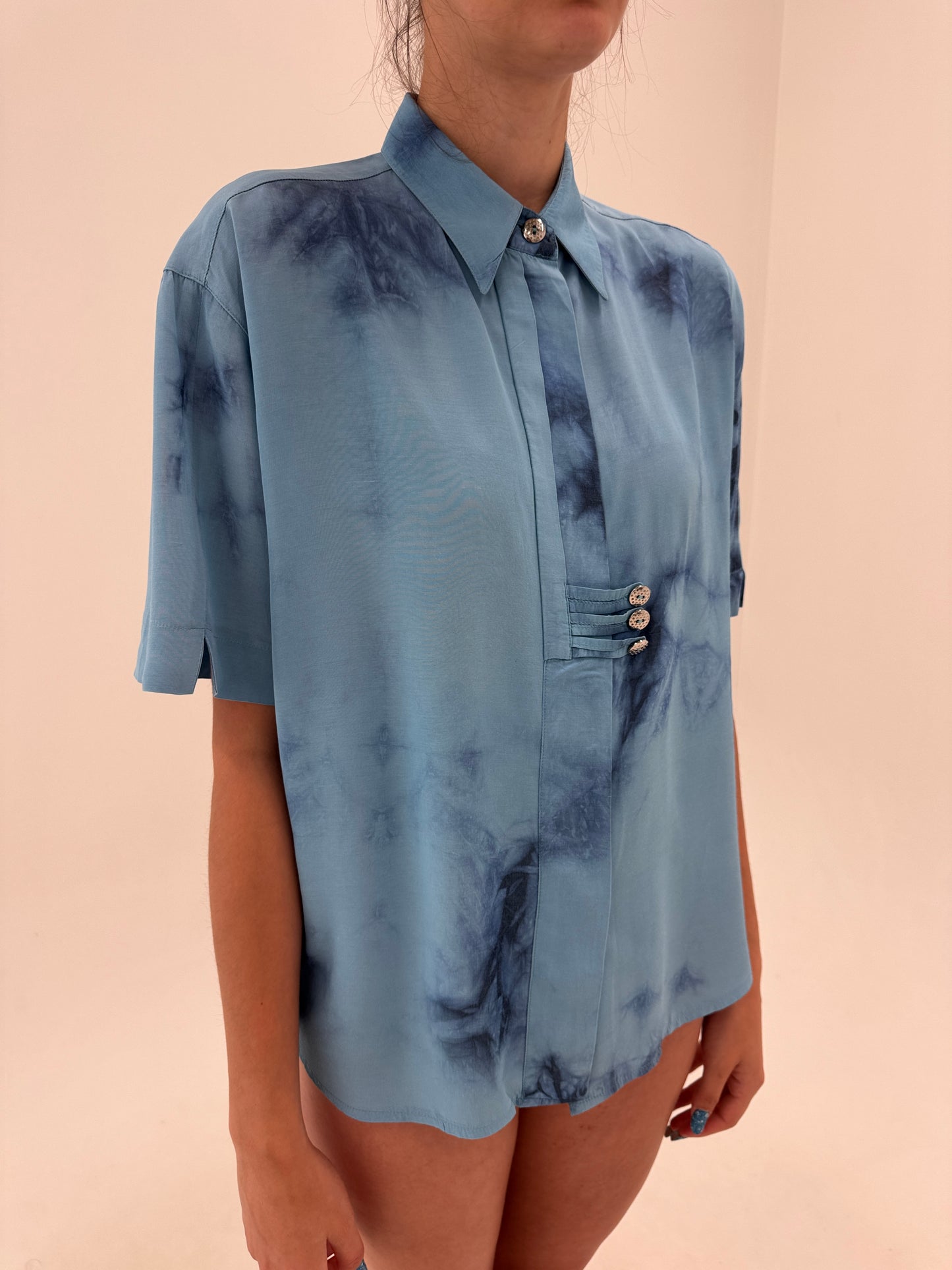 Set super vaporos baby blue cu print manual tye-and-dye și culottes