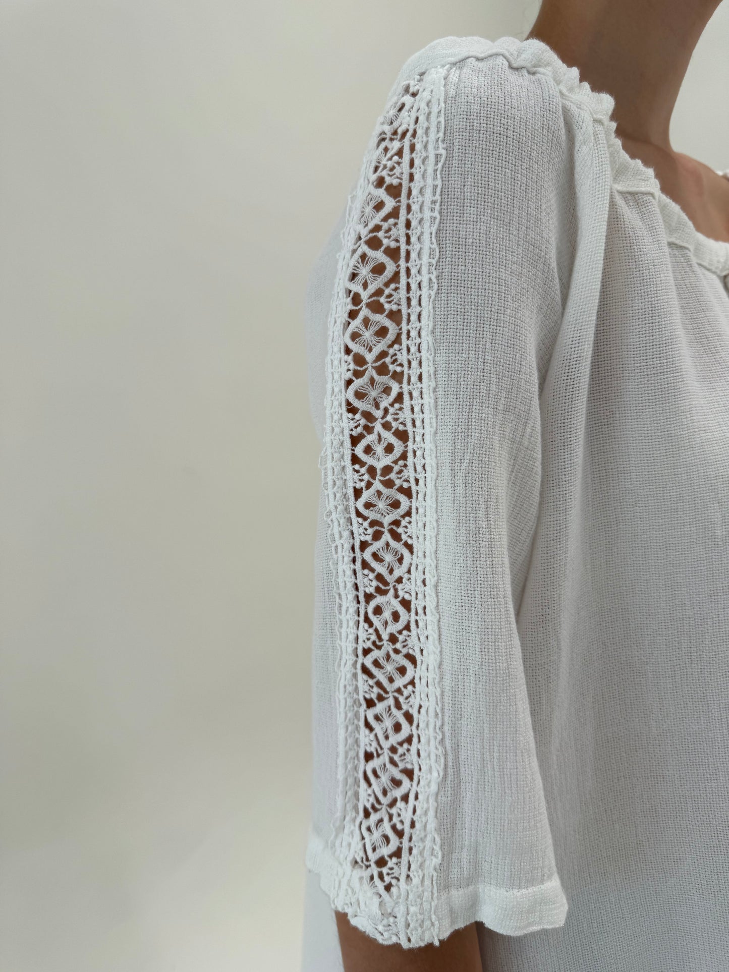 Tunica lunga/ rochie din pânză excepțională de in și bumbac cu inserții macrame