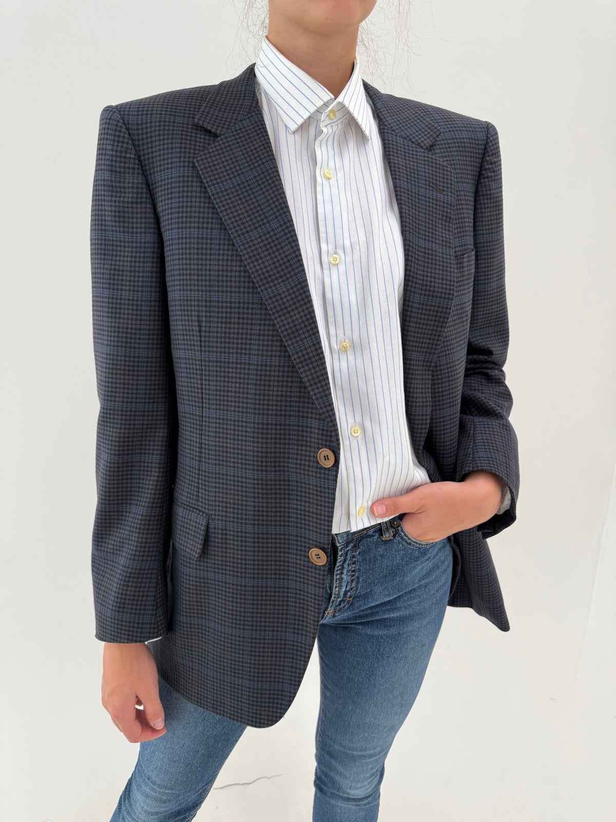 Sacou Burberry jeans blue în carouri fine din lana extrafina super 100’s
