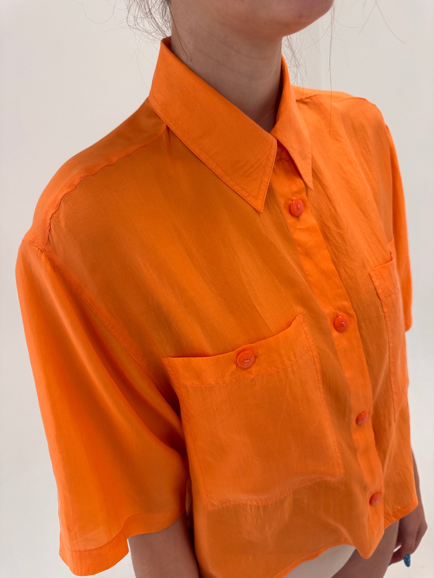 Cămașa vintage oranj superb din mătase naturală în croi oversized