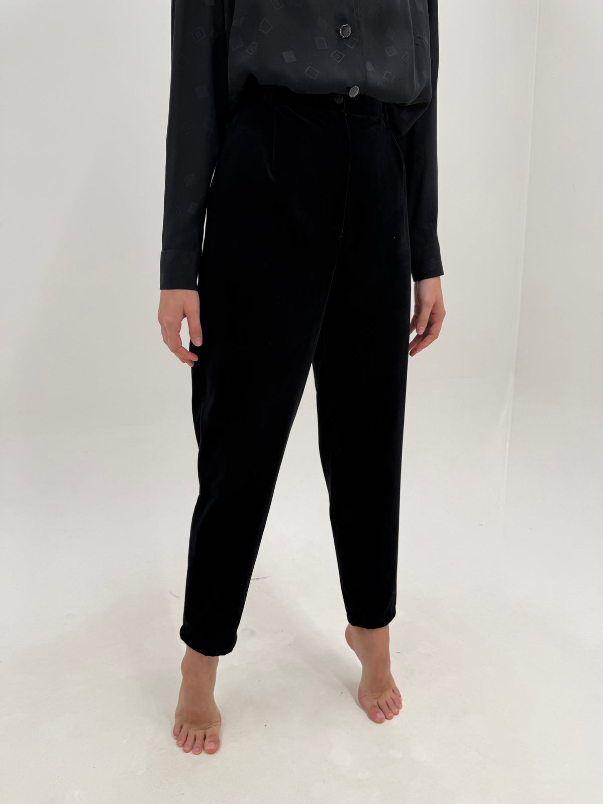 Pantaloni tall negri din catifea premium de la zi la seară cu talie extrem de înaltă ași