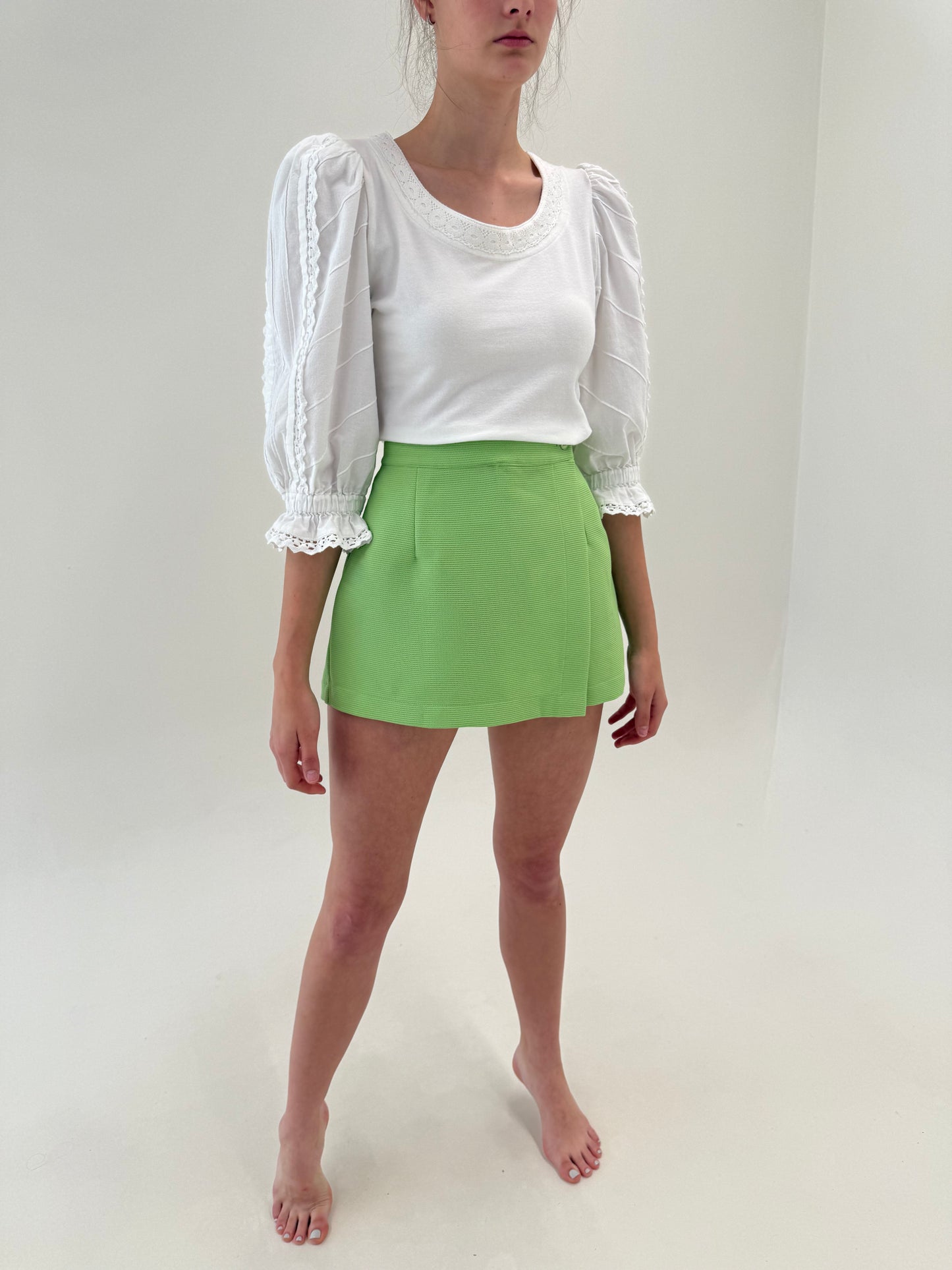Set vintage din twill verde crud cu top cambrat și fustă pantaloni mini