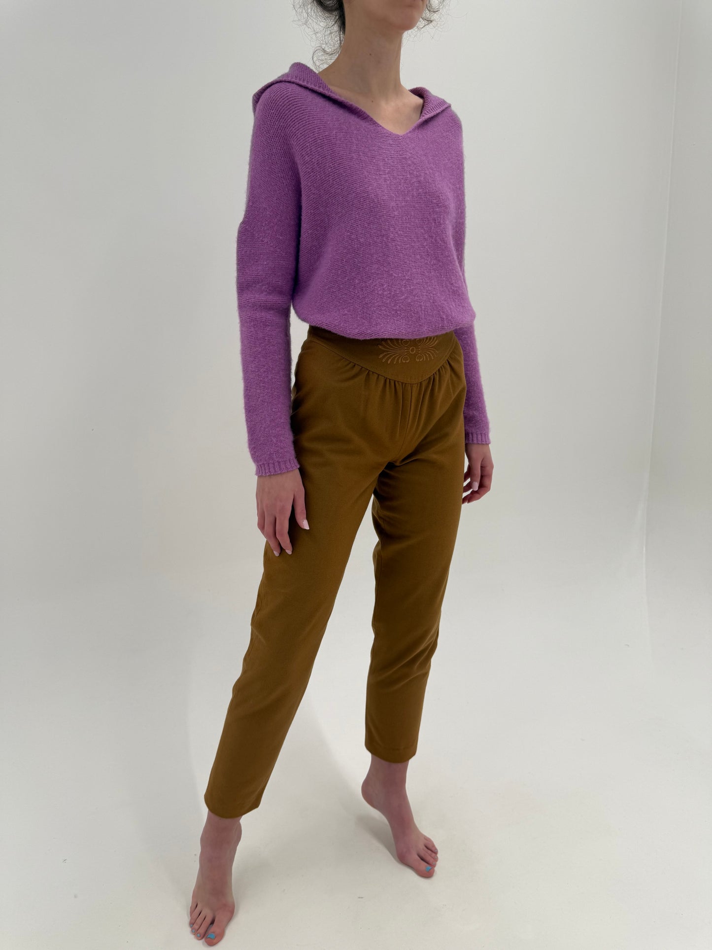 Pantaloni vintage tall camel din stofă groasă în croi super chic