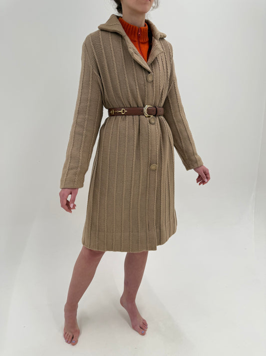 Palton camel vintage din tricot de lana extrafina groasă căptușit