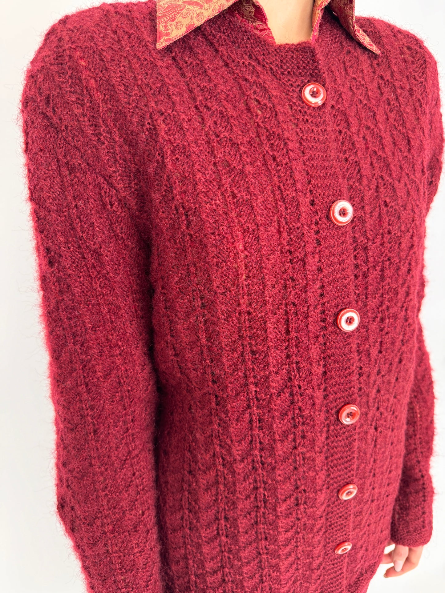 Cardigan dantelat din lana plină burgundy