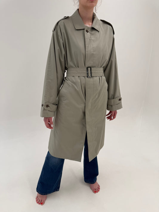 Trench warm gray vintage din gabardină impermeabilă cu talie reglabilă