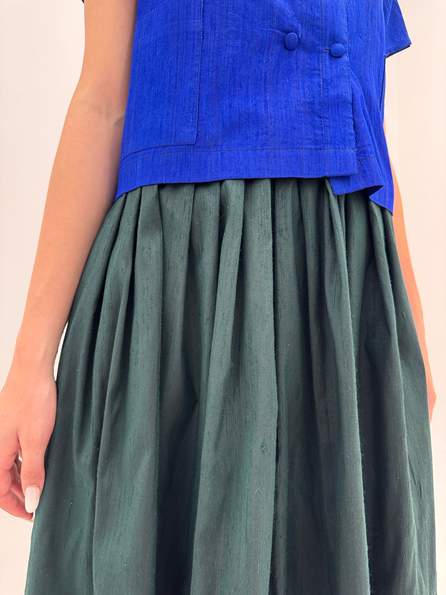 Fustă dark green vintage midi lung din mătase naturală dupioni de la zi la seară