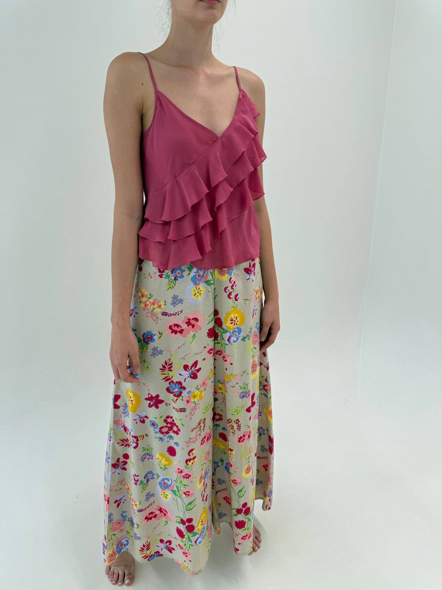 Pantaloni palazzo ultra ampli camel cu print floral