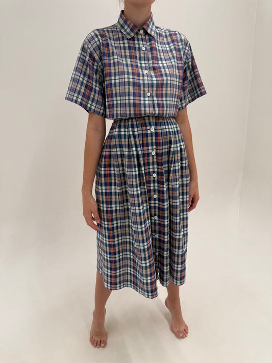 Set vintage din pânză moale de bumbac în carouri cu fustă maxi amplă
