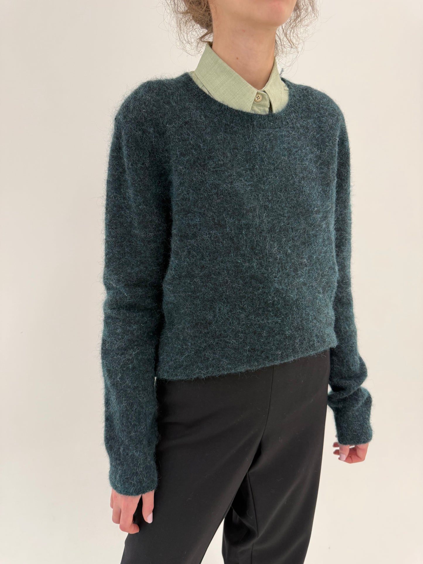Pulover din mohair dark green crew neck