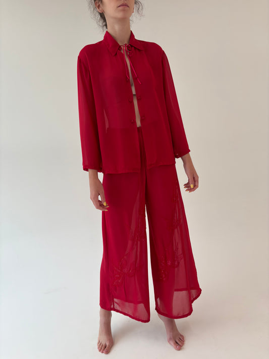 Set vintage cherry red din voal cu aplicații manuale și pantaloni palazzo