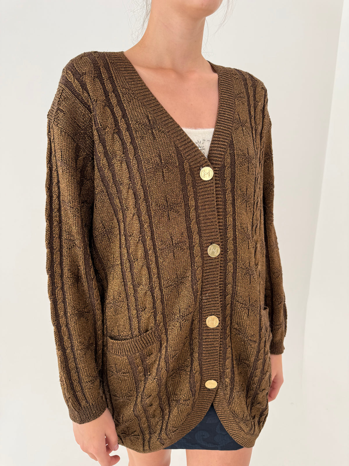 Cardigan vintage Iceberg de colecție din lana cu torsade și lurex copper fin