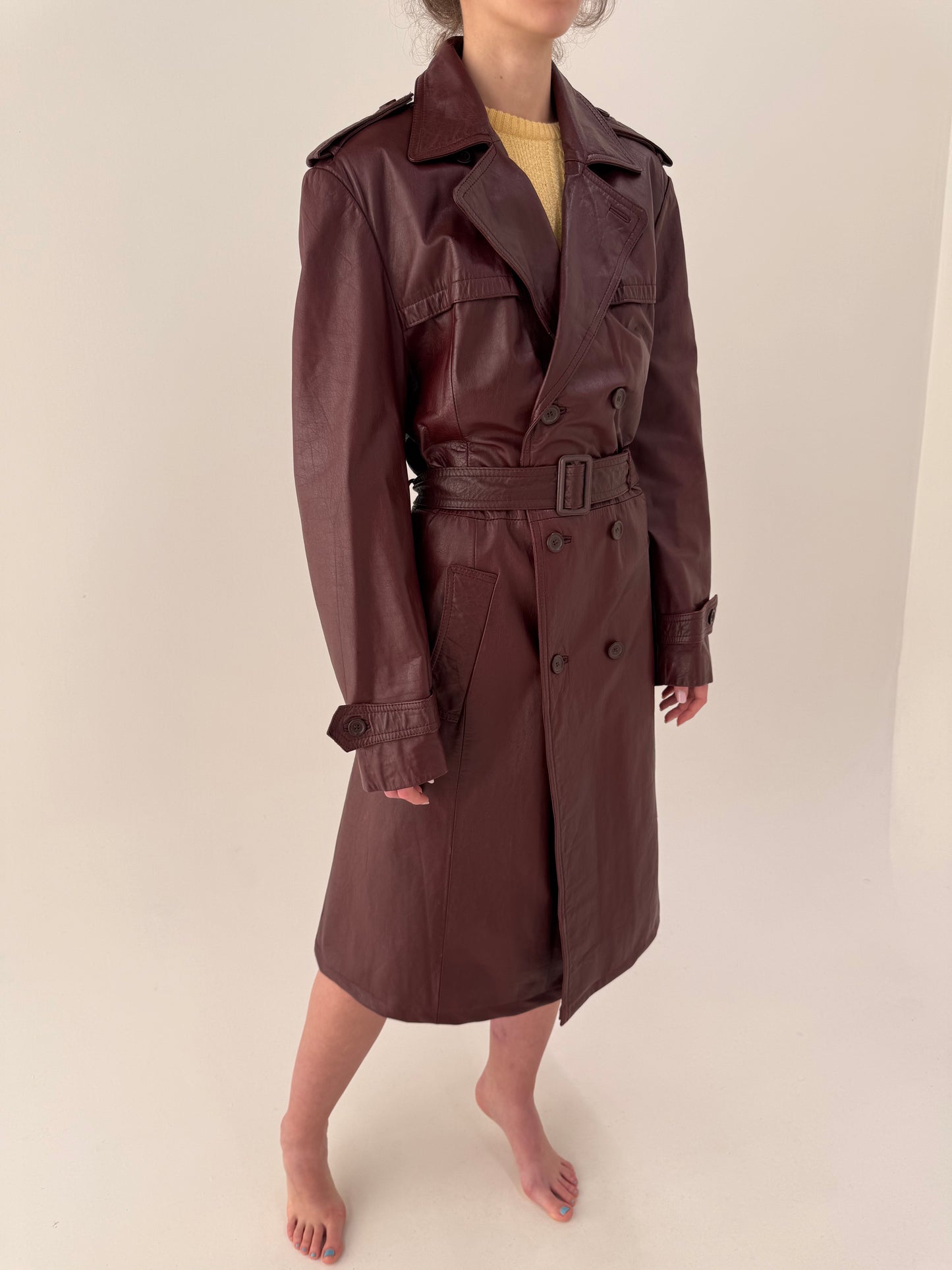 Trench vintage burgundy tall din piele naturală extrem de moale cu talie reglabilă