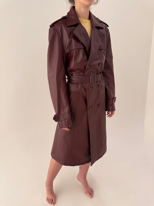 Trench vintage burgundy tall din piele naturală extrem de moale cu talie reglabilă