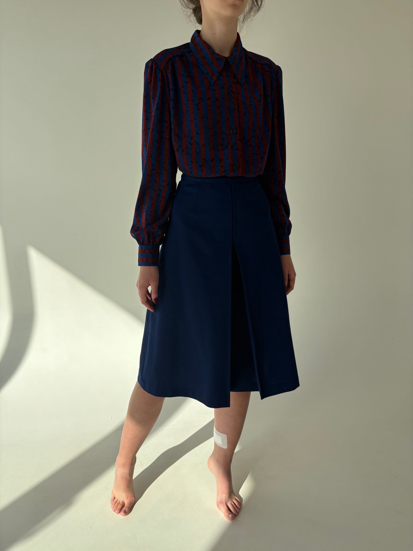 Culottes vintage din bolrocart ușor elastic albastru cerneală