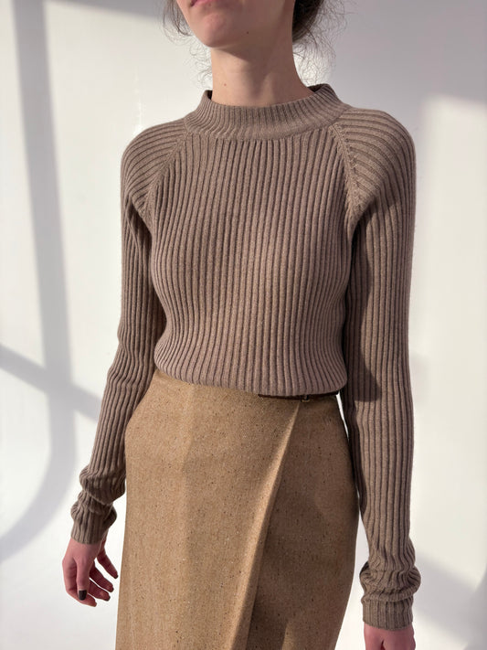 Pulover high end italian din cașmir multiply și mătase naturală ribbed dark nude