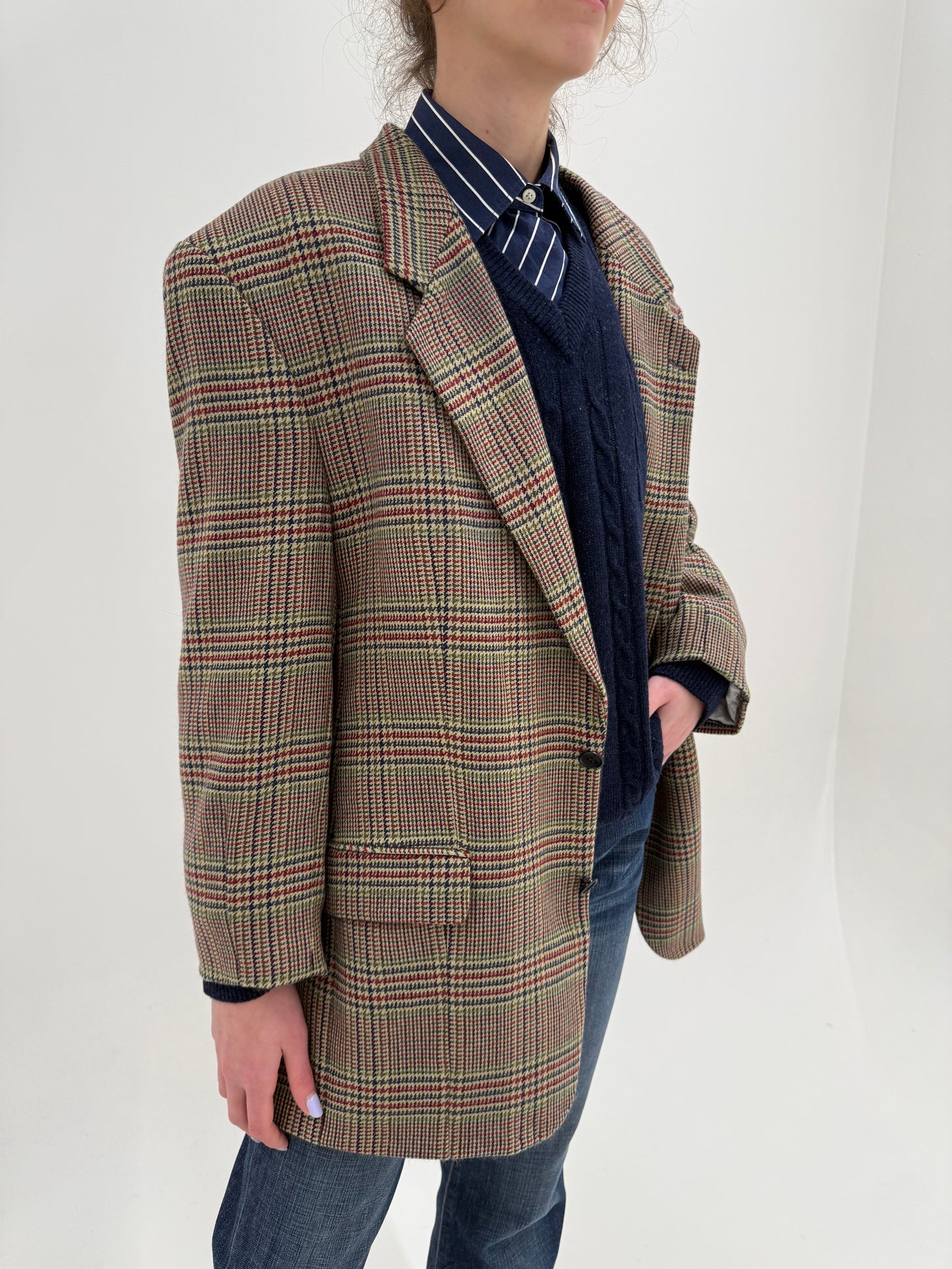 Sacou Valentino camel din tweed de lana extrafina si cașmir pied de coq