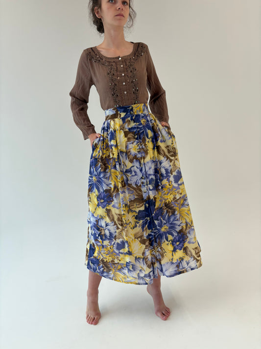 Fustă vintage excepțională cu print superb floral și interior din pânză de in