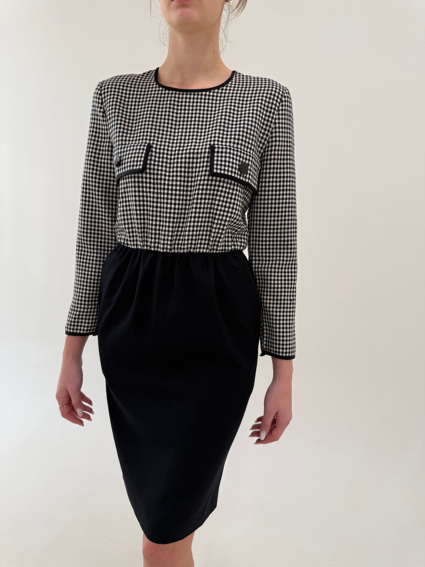 Rochie vintage colorblock cu talie ultra înaltă marcată și buzunare