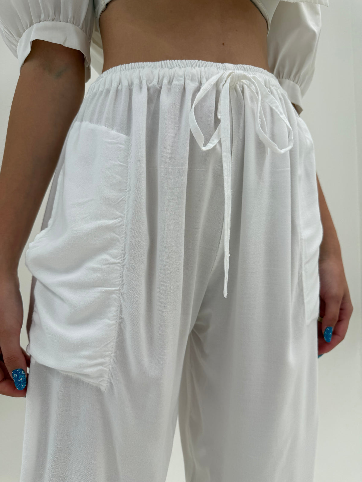 Pantaloni super vaporoși baloon cu talie reglabilă cu șnur din bumbac fin