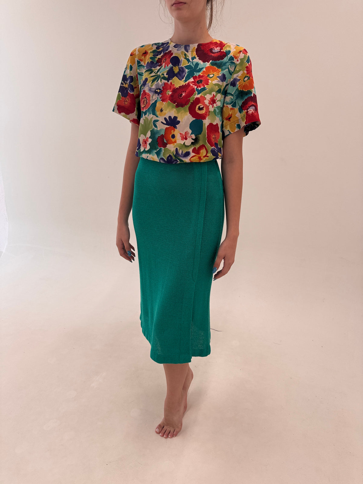 Fustă emerald green midi lung din jerse excepțional de vară cu in