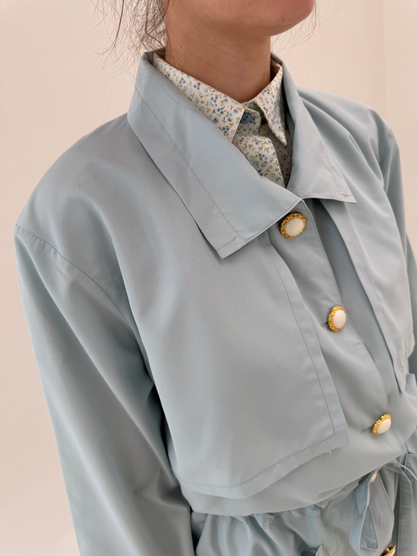Geacă vintage baby blue impermeabilă cu nasturi perlă și talie reglabilă ultra înaltă