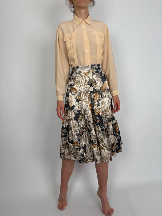 Fustă vintage satinata cu talie înaltă și print floral superb în culori neutre