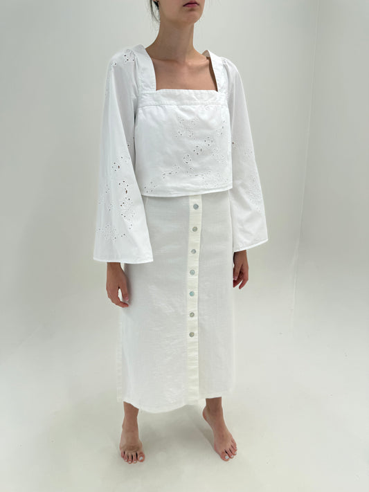 Fustă maxi din in premium în croi minimalist cu nasturi mother of pearl