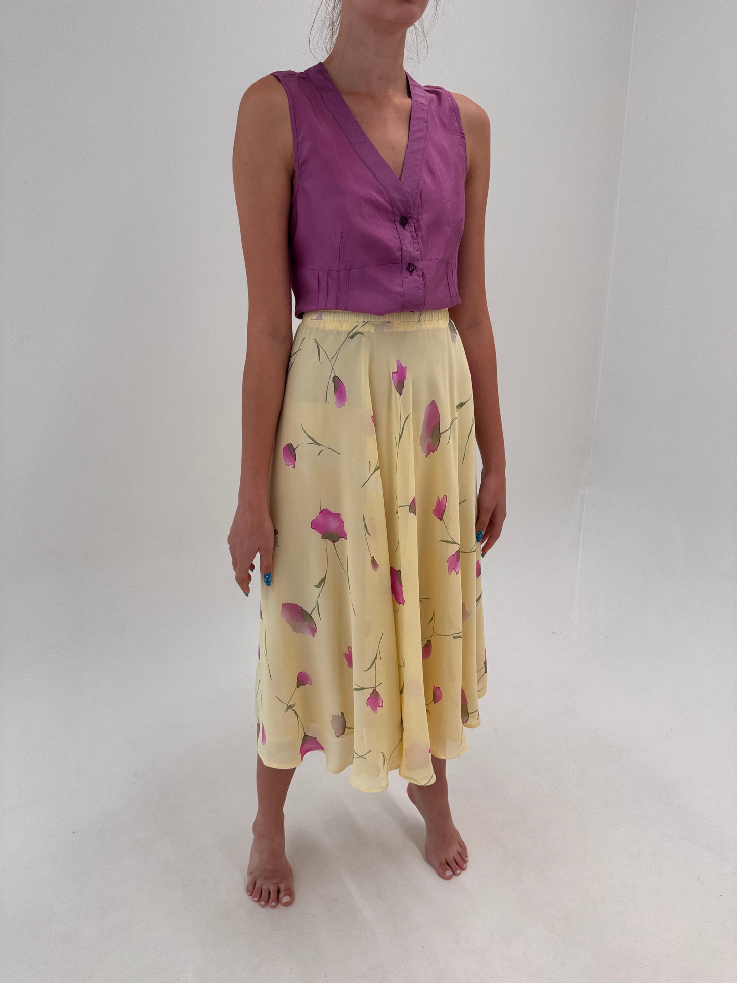 Fustă maxi butter yellow ultra amplă cu print floral delicat Barbie pink