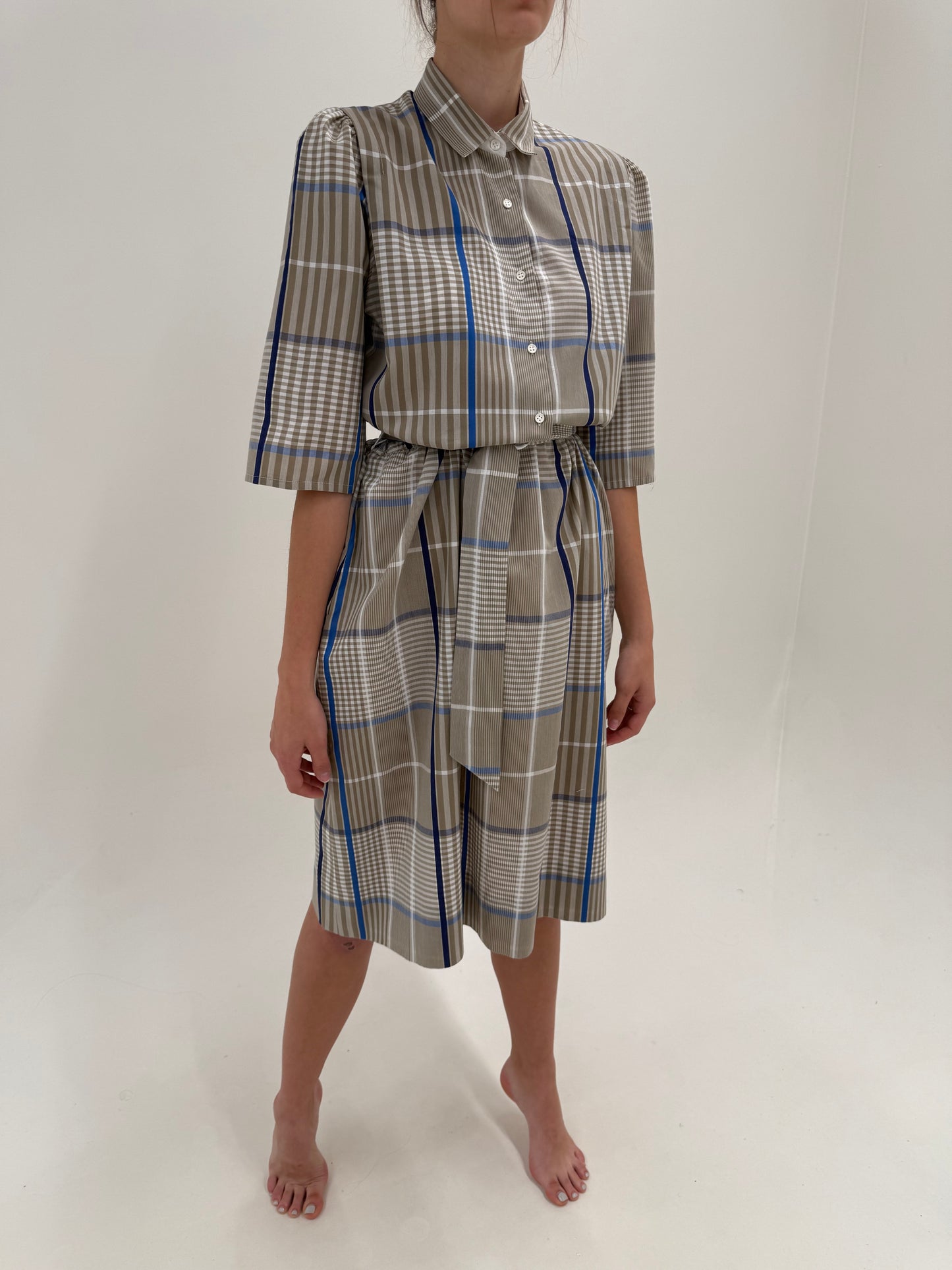 Rochie vintage în stil Prada din pânză de bumbac cu talie reglabilă și buzunare
