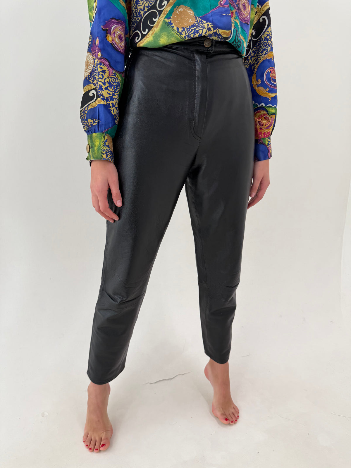 Pantaloni din piele naturală extra moale cu talie ultra înaltă mom fit