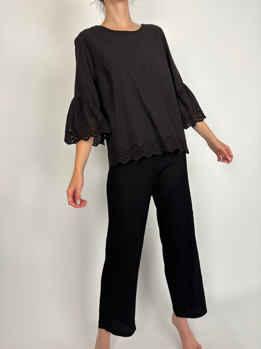 Pantaloni din jerse de vară texturat cu talie ultra înaltă