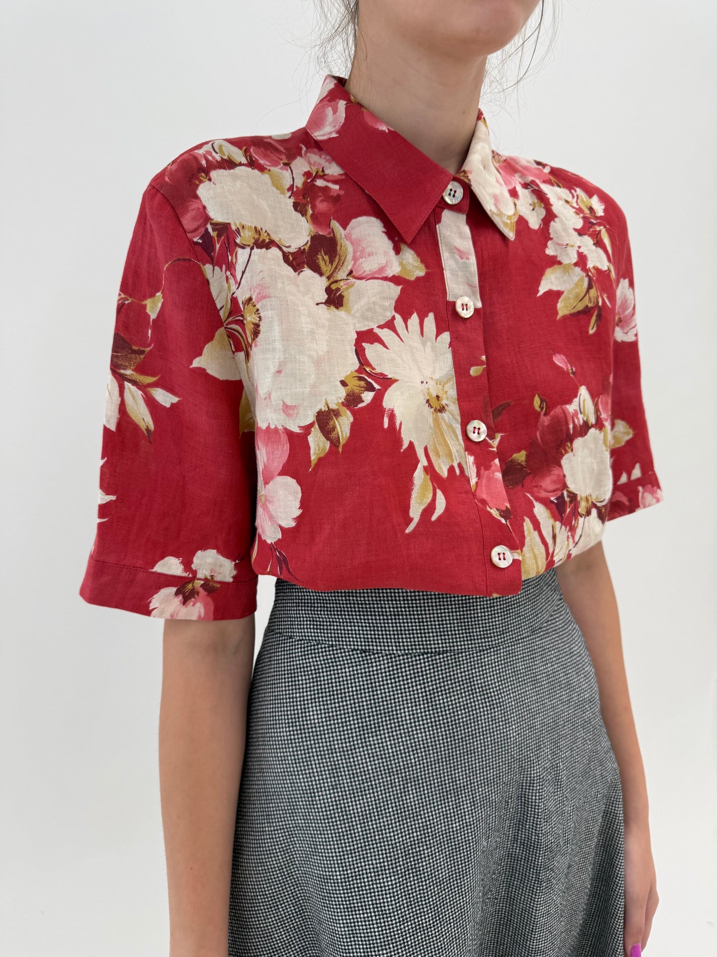 Cămașa de brand super premium cu print florid superb whine red din in excepțional