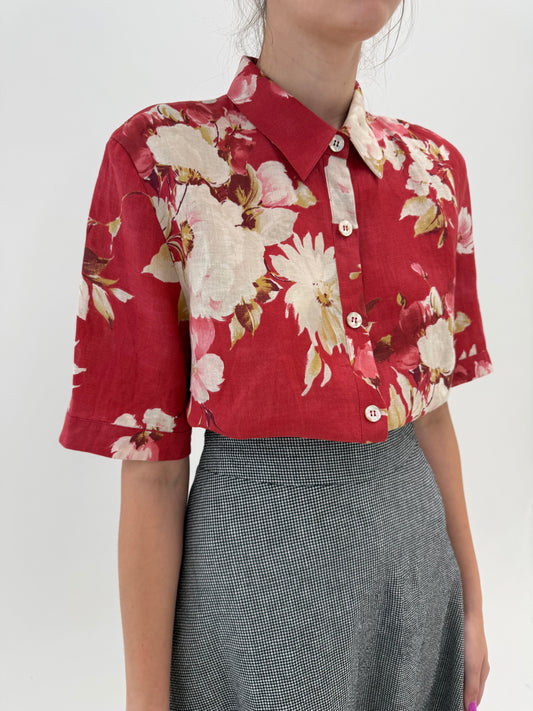 Cămașa de brand super premium cu print florid superb whine red din in excepțional