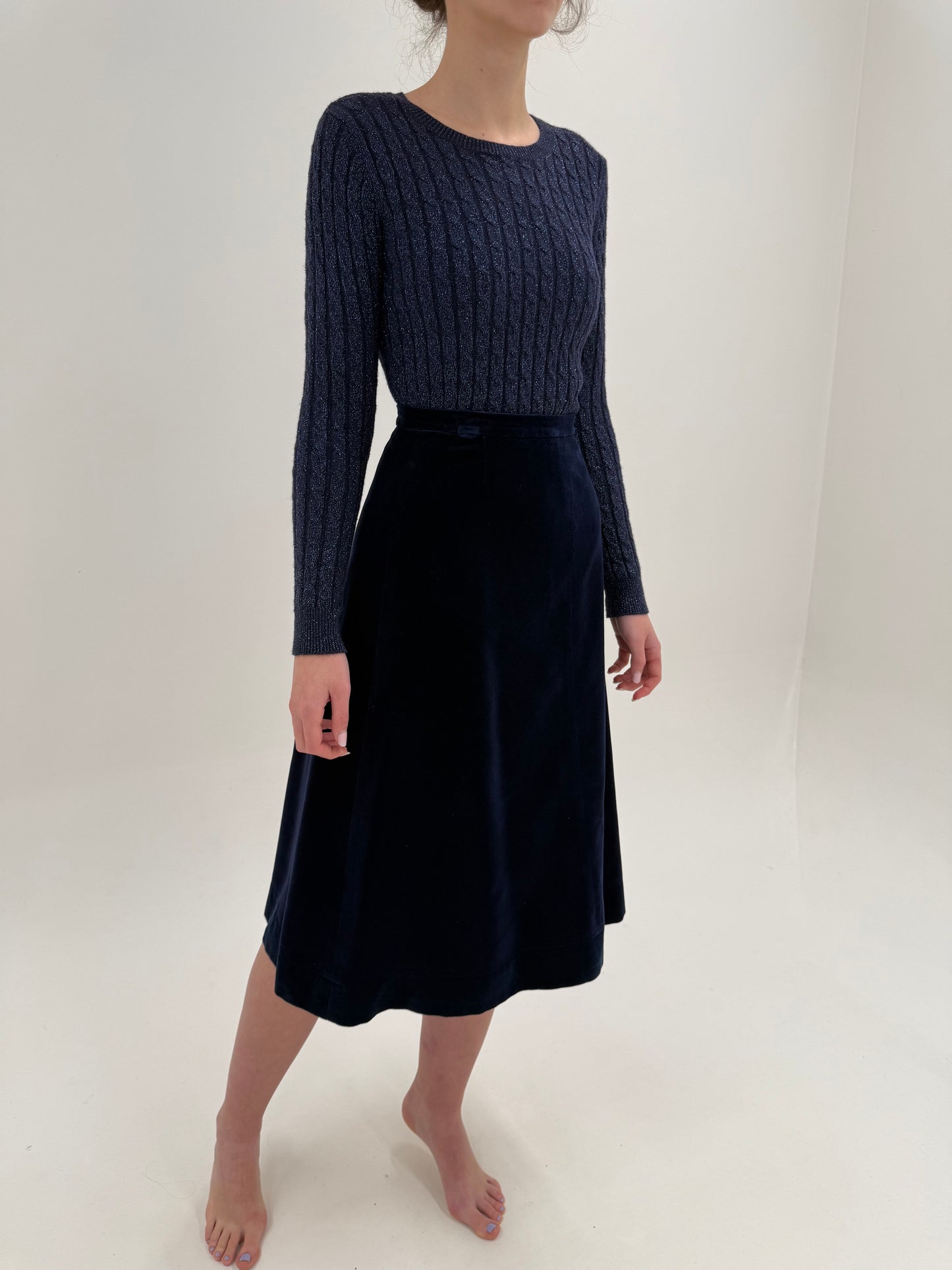 Fustă vintage de seară albastru cerneală midi lung din catifea