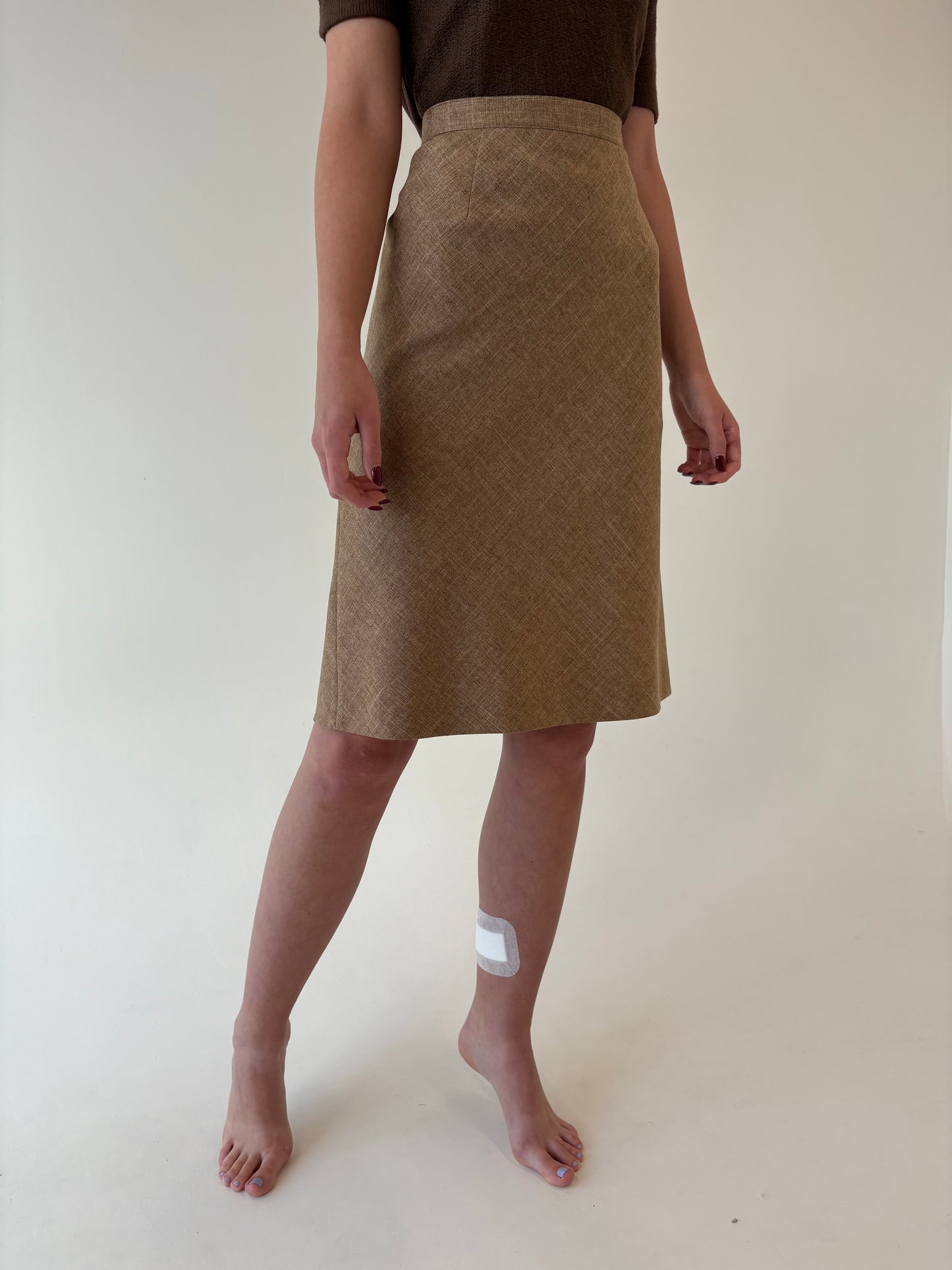 Fustă camel în bie din lana extrafina și vascoza cu talie elastică ultra înaltă